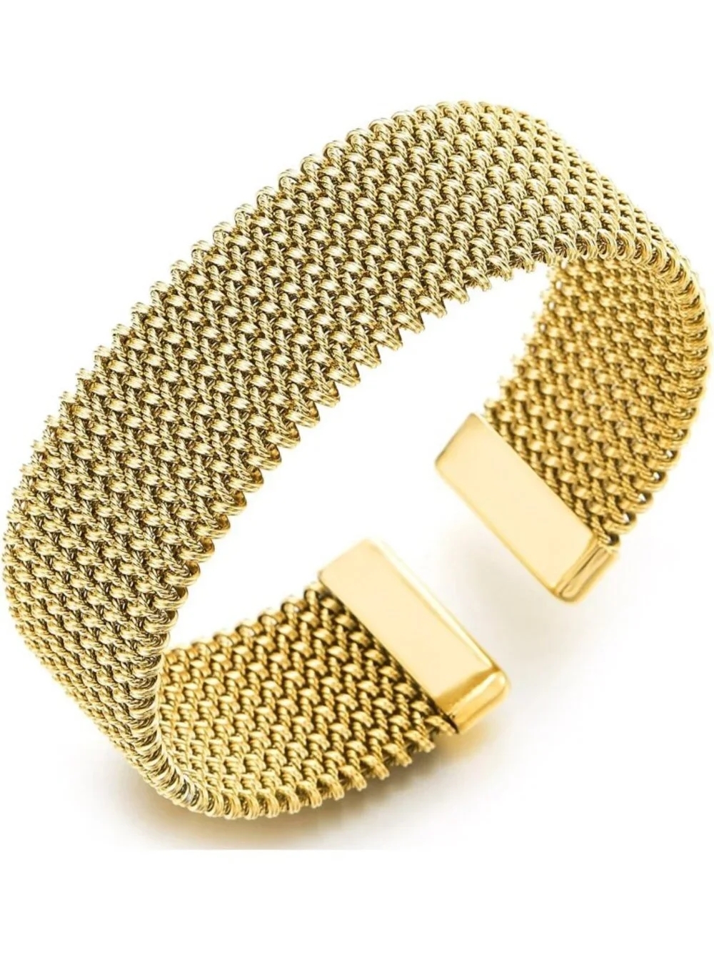 Elegant Gold Steel Mesh Cuff Bracelet - Textured Open Bangle Statement Jewelry